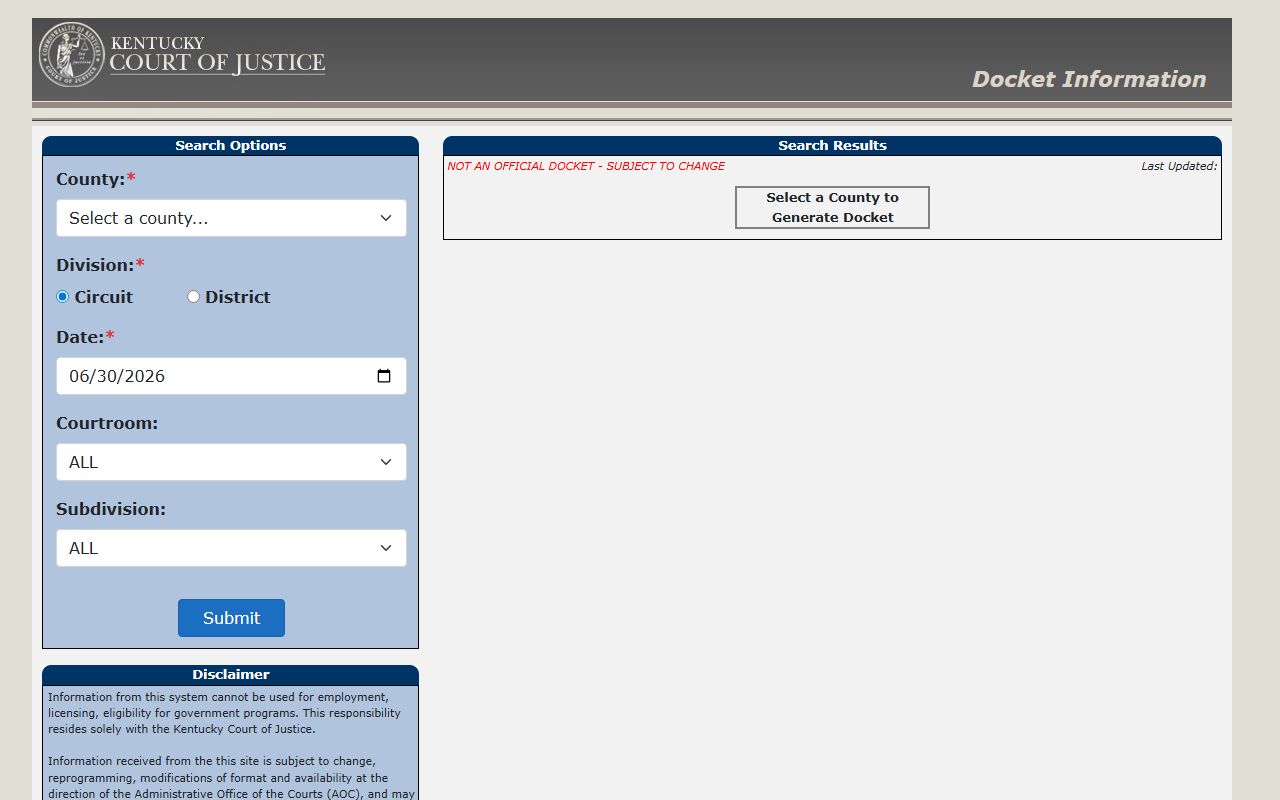 Logan County court dockets Kentucky trial docket search form
