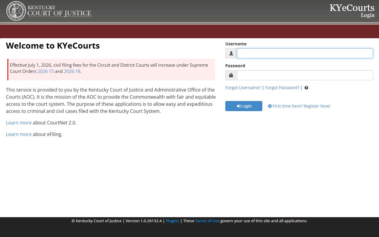 Logan County court records KYeCourts CourtNet login screen