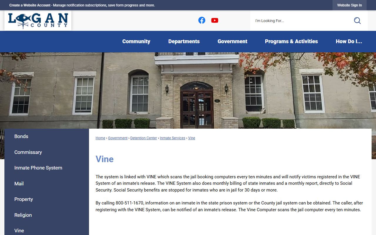Logan County warrant records VINE custody notification page